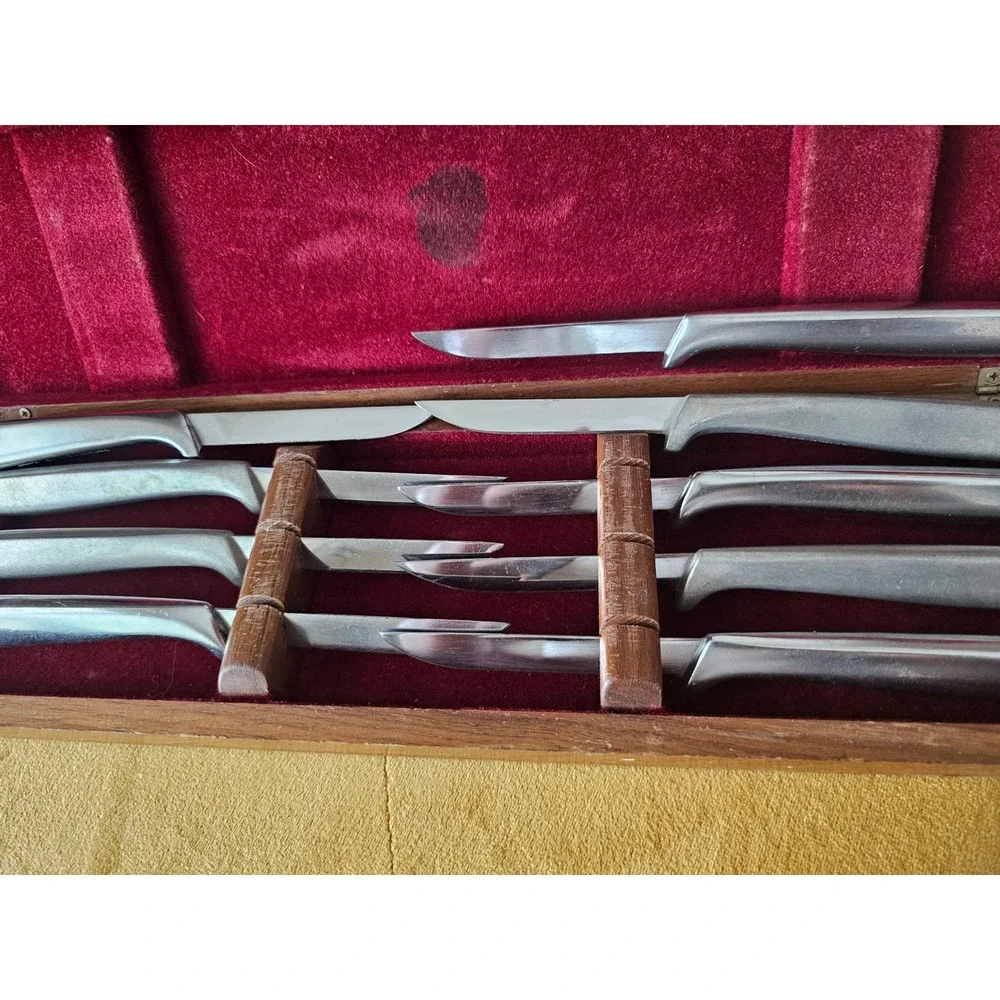 Gerber Miming Blades Steak Knife Set Vintage Solid Walnut Case 9 Piece MCM
